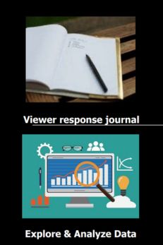 Media literacy tools including a viewer response journal and data analysis graphic, emphasizing skills in critical thinking and data interpretation.
