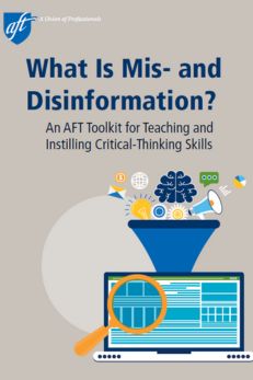 Cover of "What Is Mis- and Disinformation? An AFT Toolkit for Teaching and Instilling Critical-Thinking Skills" featuring a laptop with a magnifying glass and icons representing media and technology.