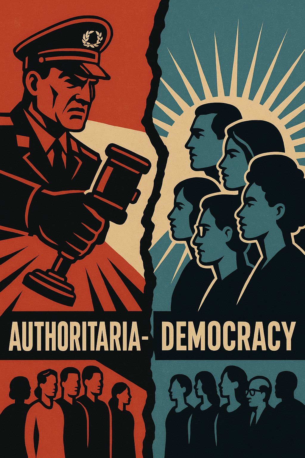 Illustration split down the middle comparing authoritarianism and democracy. On the left, in dark red and black tones, a single stern authority figure in uniform holds a gavel above a silent, uniform crowd, symbolizing control and concentration of power. On the right, in blue and light tones, a diverse group of people stands together under rays of light, representing shared power, participation, and democratic values.